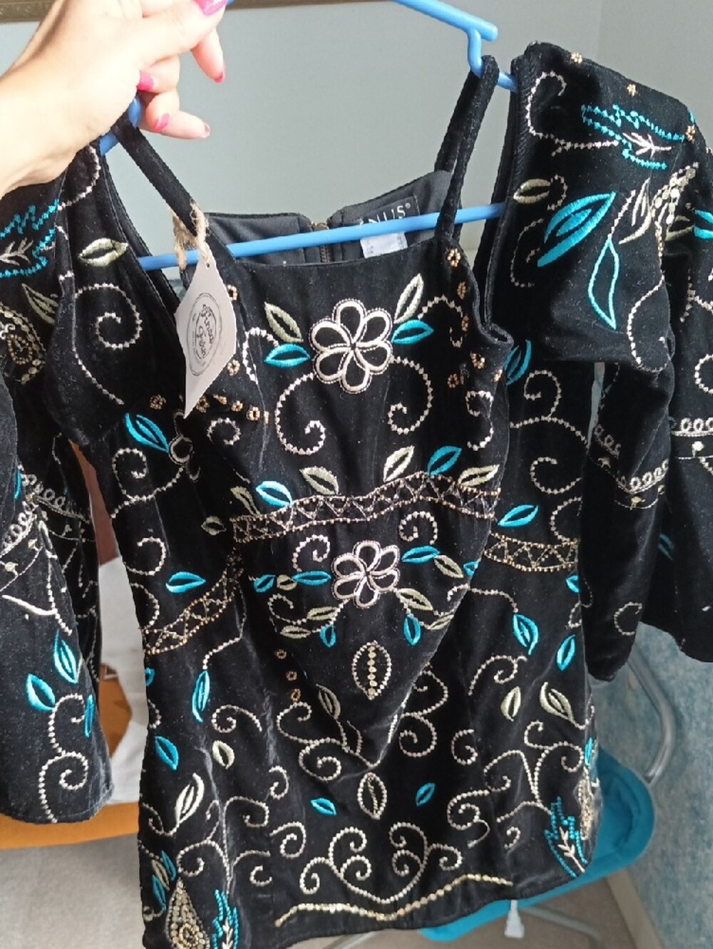 Black Embroidered Velvet Tunic Top with Teal Accents